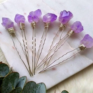 Natural Amethyst Raw Stone Hair Stick Handcrafted Silver Wire Wrapped U-Shaped Hair Pin Bohemian Bridal Hair Accessories