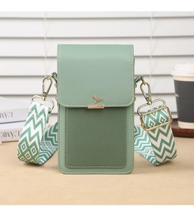 Sage green mini crossbody phone bag with leaf ornament and wide geometric strap