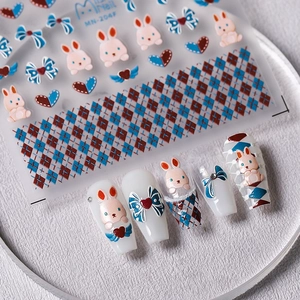 5D Relief Nail Art Stickers 3D Self Adhesive Cartoon Rabbit Bowknot Heart Argyle Pattern DIY Manicure Decals