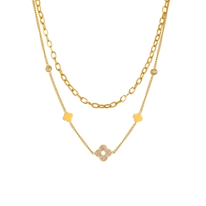 Detail of double-layered titanium necklace with sparkling pavé-set clover pendant