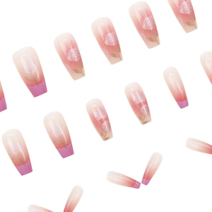 Pink gradient coffin press-on nails with white rose floral patterns and purple French tips