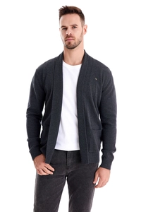 Detail shot of the high-quality knit texture on a dark grey men's casual cardigan