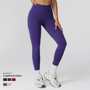 High-waist seamless purple yoga leggings with tummy control and 5 color options