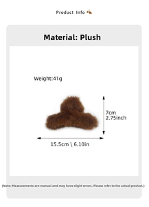 Brown plush claw clip detail with measurements of 15.5cm length and 41g weight