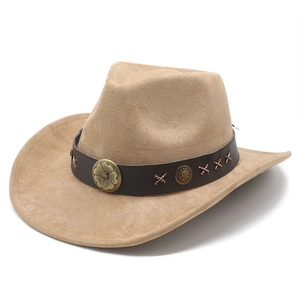 Classic light tan suede cowboy hat with vintage bronze studs on a dark leather band