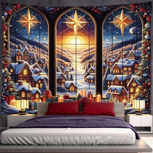 Detailed Christmas window snow scene tapestry hung on a cozy bedroom wall background