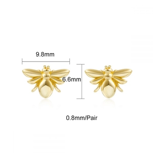 Detailed dimensions of gold bee stud earrings showing width 9.8mm and height 6.6mm