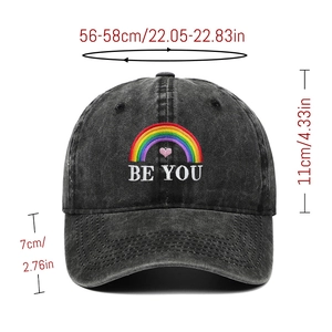Washed dark grey cotton baseball cap with rainbow embroidery and Be You text lettering