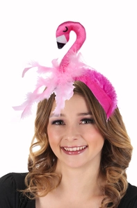 Detailed close-up of a pink flamingo headband with soft feathers for party cosplay