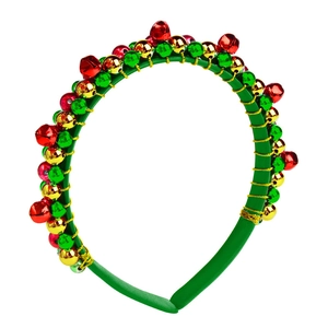 Detail shot of green Christmas headband with colorful metal bells and golden cord wrap