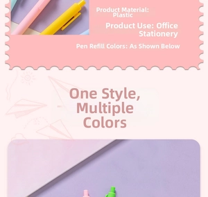 Detail shot of macaron color plastic pens in pink, yellow, purple, and green office stationery