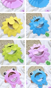 Collage of colorful baby shower caps in EVA plastic with adjustable snaps and sun flower shape
