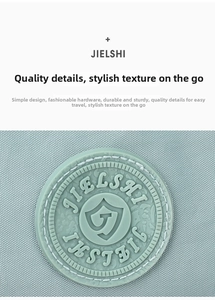 Detailed macro view of the round JIELSHI rubber logo on water-resistant nylon bag