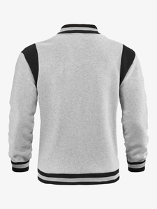 Rear view of casual baseball jacket featuring grey body with black contrast shoulder panels