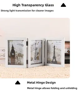Detail of a white wood-grain 4x6 triple folding photo frame with durable metal hinges