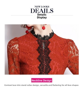 Close-up of rust red lace dress featuring black embroidered lace stand collar and floral knit