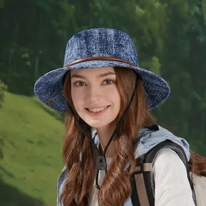 Outdoor wide brim sun hat in blue denim with brown leather strap and windproof cord