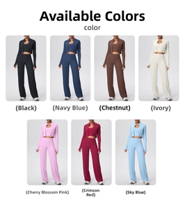 Ensemble yoga 3 pièces avec veste zippée, débardeur et pantalon large en sept couleurs