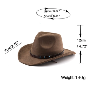 Detailed sizing chart for brown suede western cowboy hat with size and weight metrics
