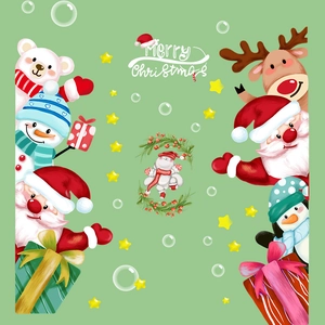 Cartoon Santa Claus and Snowman Christmas window stickers with festive holiday decorations