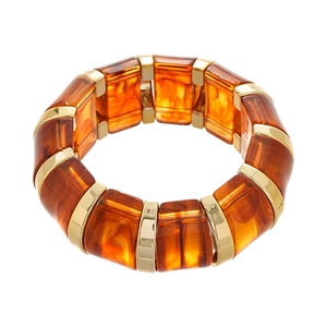 Vintage acrylic amber resin and gold metal elastic stretch bracelet with geometric pattern