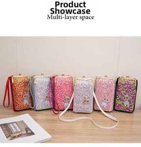 Close-up of colorful sequin crossbody bags with cute bunny patches in multiple colors