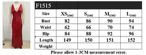 Detailed size chart for burgundy deep V-neck evening dress with measurements in centimeters