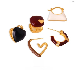Vintage Geometric Copper Enamel Earrings For Women With Stainless Steel Earring Post Rhinestone Heart C Shape Jewelry
