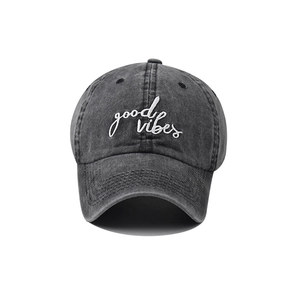 Vintage washed cotton baseball cap with white Good Vibes cursive embroidery