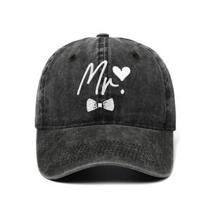 Retro washed charcoal grey baseball cap with white Mr. and heart embroidery