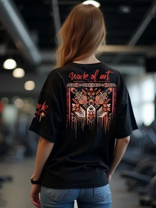 Schwarzes Baumwoll-T-Shirt mit buntem Ethno-Rückenprint und künstlerischem Schriftzug