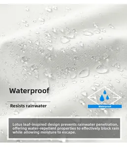 Detailed view of waterproof softshell fabric with bionic hydrophobic water droplets