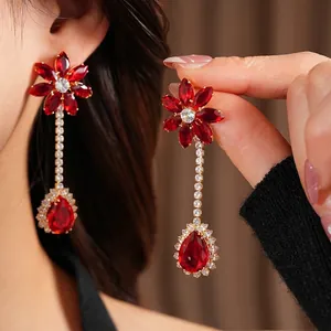Elegant floral drop earrings with red pear-cut zircon and gold-plated setting for women