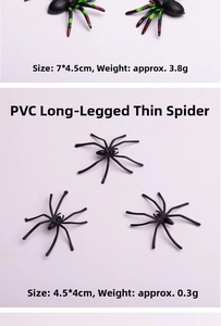 Detailed size comparison of mini Halloween spider toys with PVC plastic insect models