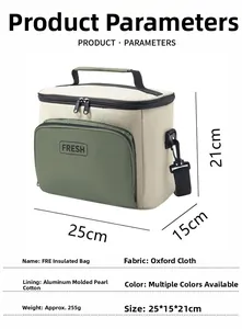 Insulated lunch bag with dimensions 25x15x21cm showing aluminum foil lining and strap