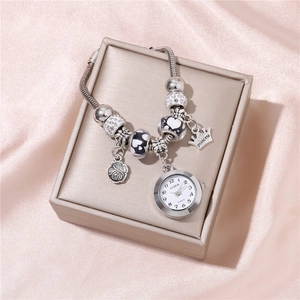 Fashion Women Bracelet Watch Beaded Bangle Alloy Silver Tone With Crown Rose Charms Heart Rhinestones Quartz Movement