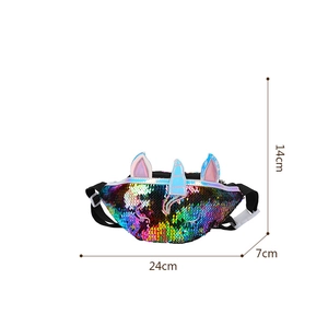 Detailed size chart of a colorful sequined unicorn waist bag for girls with 24cm width