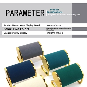 Detail of five-color microfiber jewelry display stands with gold plated metal frames