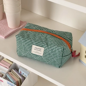 Gingham Gesteppte Baumwolle Kosmetiktasche Karo Muster Kulturbeutel Reise Aufbewahrung Organizer Für Körperpflege