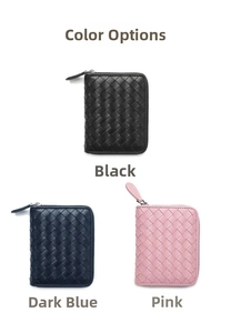 Detailed view of woven leather card holders in black, navy, and pink with zip closure