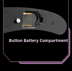 Detail of the LED glasses battery compartment with dual button cell slots and power button