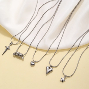 Minimalist silver titanium steel snake chains with heart, star and cross pendants