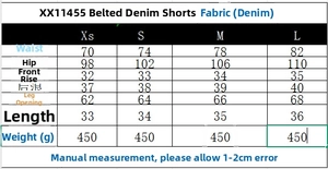 Tableau des tailles détaillé pour shorts en jean avec mesures de taille et de longueur