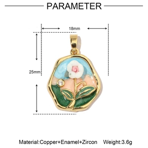 Detailed technical diagram of 18k gold flower pendant with dimensions and weight