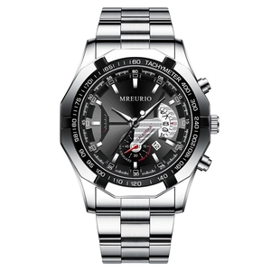 MREURIO men's quartz chronograph watch with silver steel strap and black tachymeter bezel