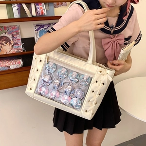 Japanese style white leather ita bag with transparent window and ribbon side details