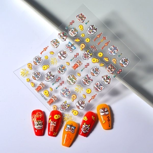 5D Chinese New Year nail stickers featuring dancing lion and lantern designs on nails