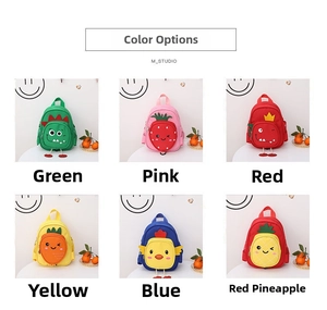 Detailed grid view showing six colorful canvas backpacks with fruit and animal designs