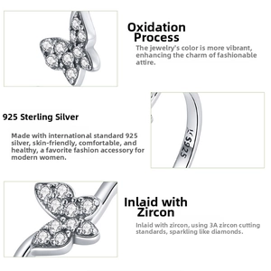 Macro detail of S925 sterling silver butterfly ring with 3A grade sparkling zircons