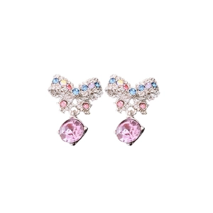 Silver bow pendant earrings with colorful gemstones and pink teardrop crystals